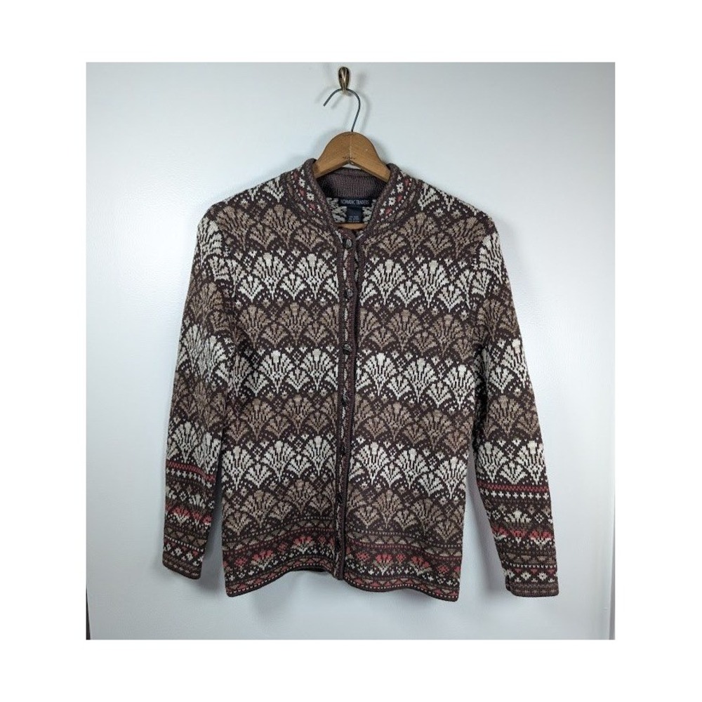 Nomadic Traders Knit Cardigan Sweater Womens Size Medium Fair Isles Nordic Brown